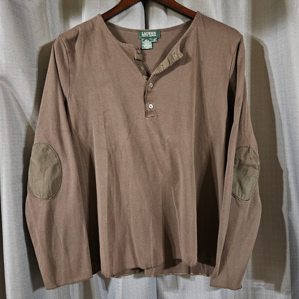 Lauren Ralph Lauren Brown Henley Long Sleeve Elbow Patch Vintage 90s Plus 2X